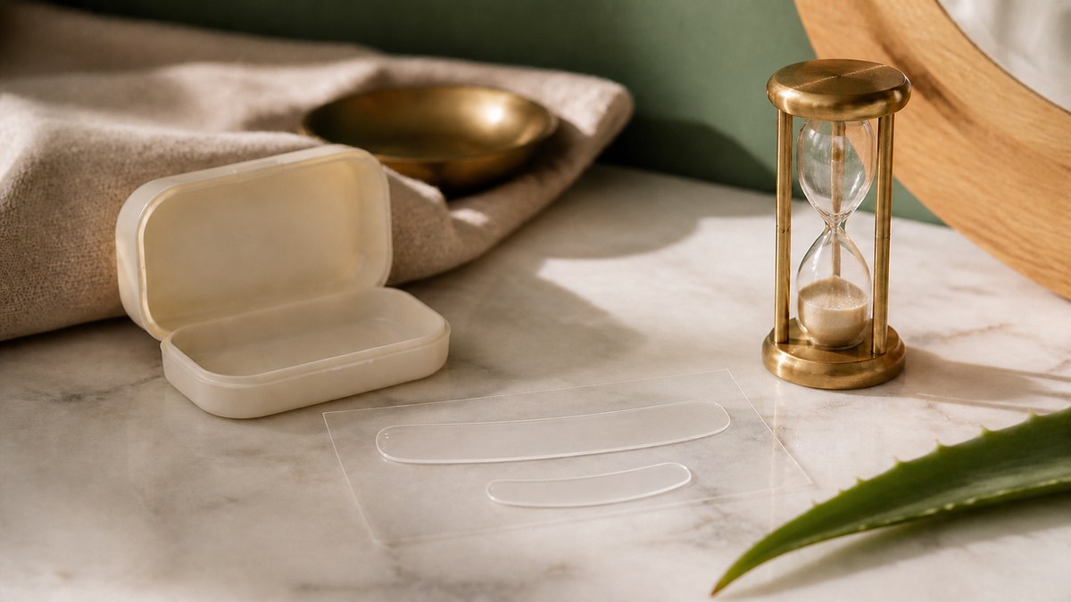 A packet of over-the-counter whitening strips on a bathroom counter, raising the question are whitening strips safe.