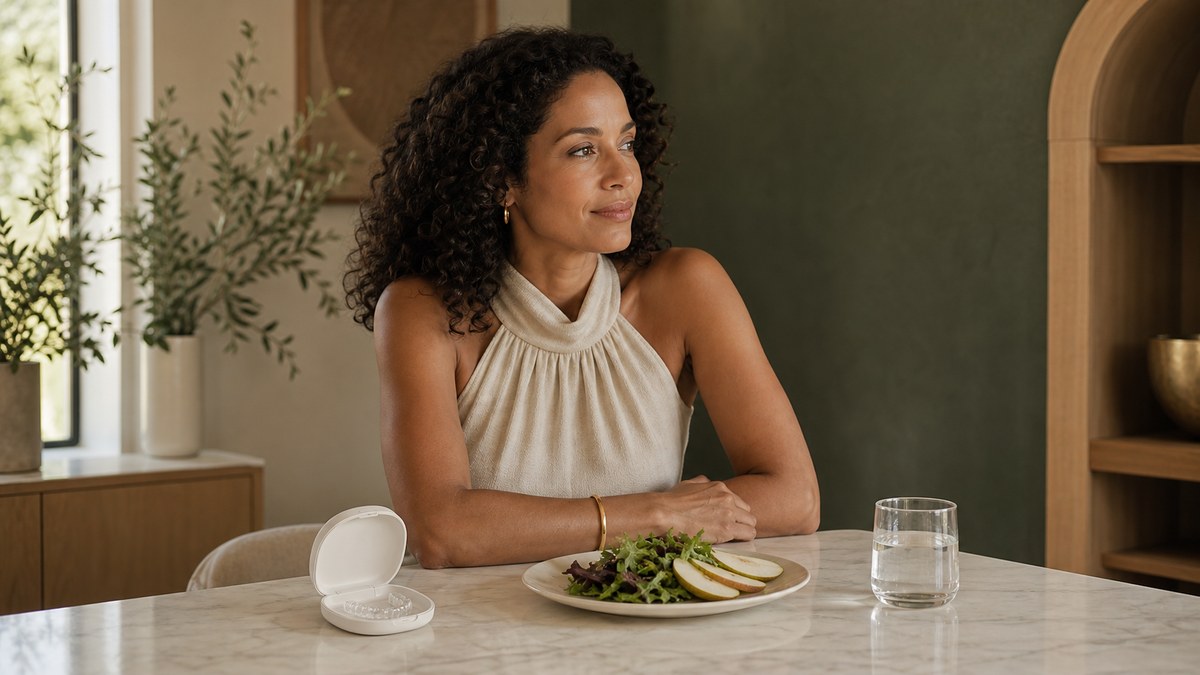 A clear aligner tray in its case next to a plate and a glass of water, illustrating eating with Invisalign.