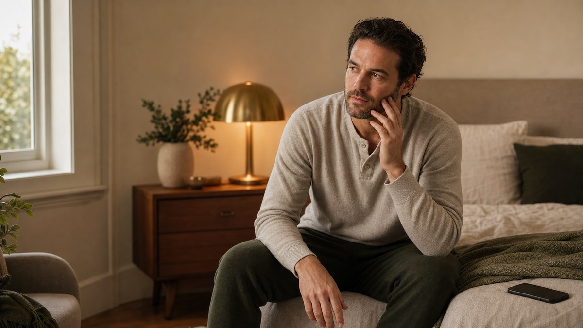 A man awake at night holding his jaw, deciding whether he can wait until morning for a dental emergency.