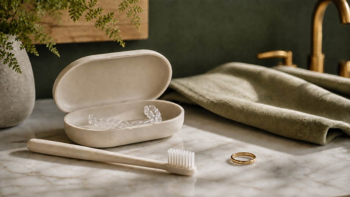 A clear aligner tray beside a toothbrush and floss, illustrating Invisalign oral hygiene during treatment.