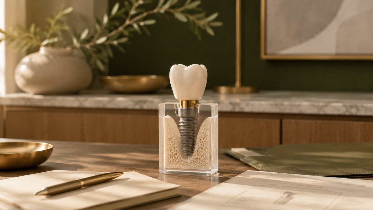 A dental implant model on a desk illustrating the parts that make up the cost of a single tooth implant.