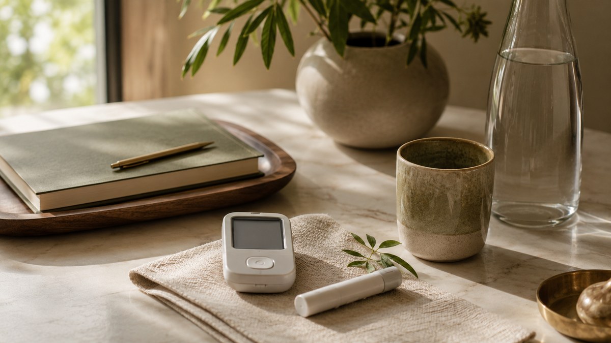A glucose meter beside a dental implant model, illustrating how diabetes affects dental implant healing and success.
