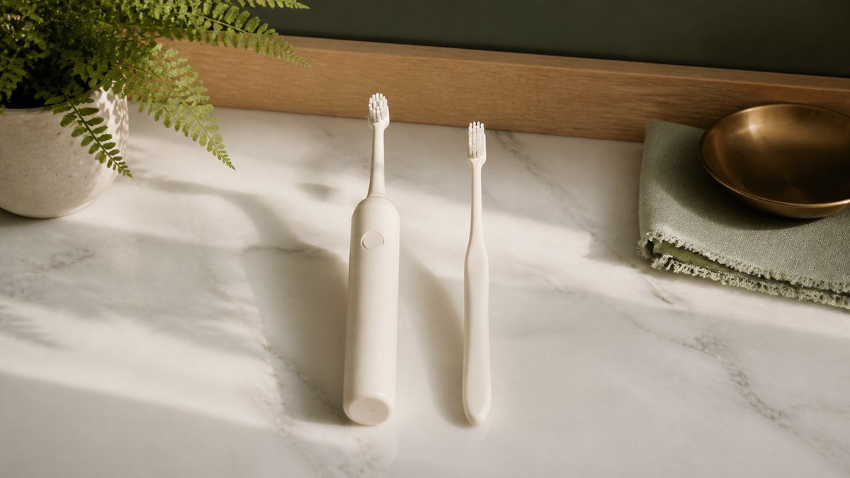 An electric toothbrush and a manual toothbrush side by side, illustrating the electric vs manual toothbrush comparison.