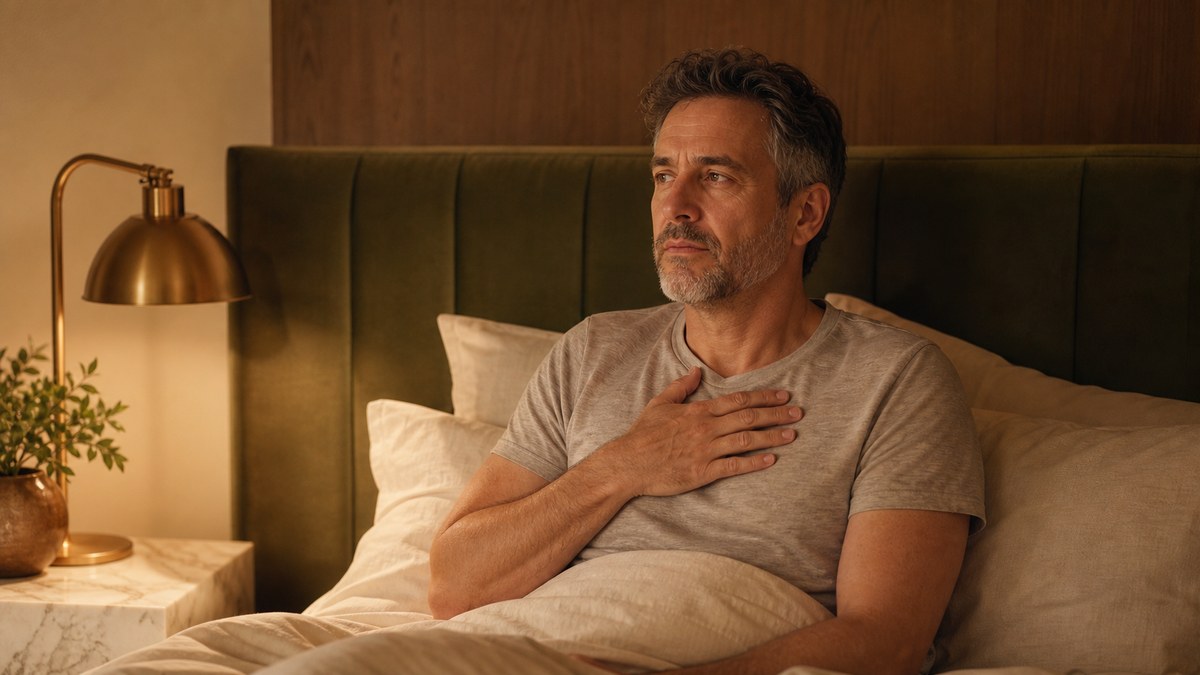 A man pressing his chest with heartburn at night, the reflux pattern behind GERD acid reflux teeth erosion.