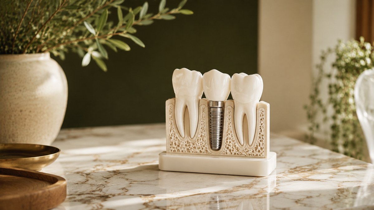 A close-up of a dental implant model illustrating how long dental implants last with proper care.