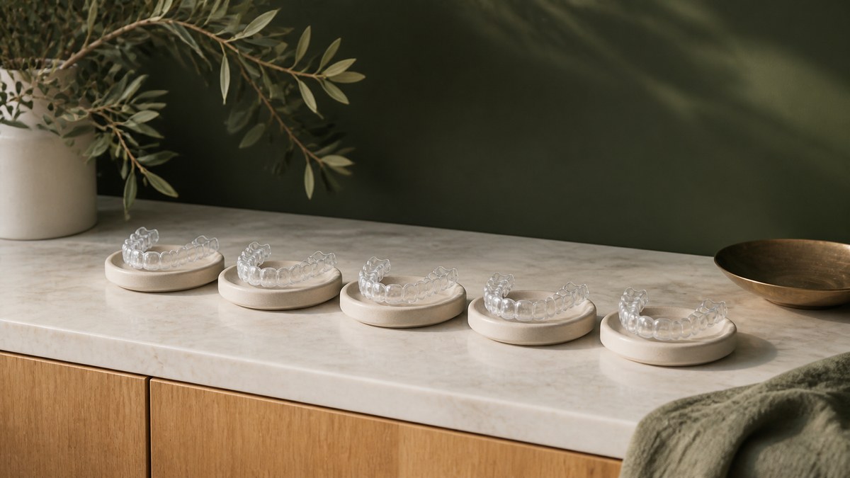 A set of numbered clear aligner trays in order, illustrating how long Invisalign takes to work.