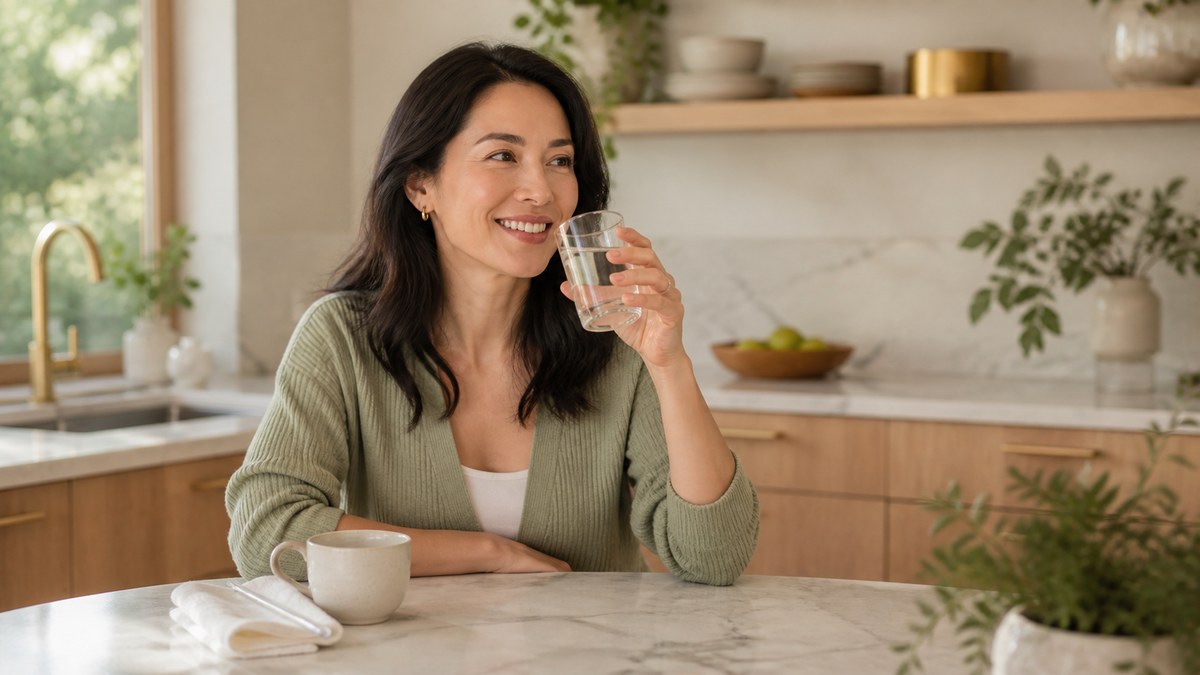 A glass of water beside a cup of coffee, illustrating habits that keep teeth white after whitening.