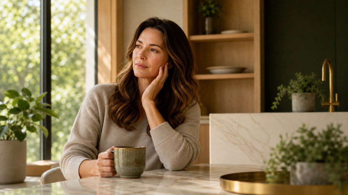 A woman wincing at a cup of hot coffee, one of the classic signs you need root canal evaluation.