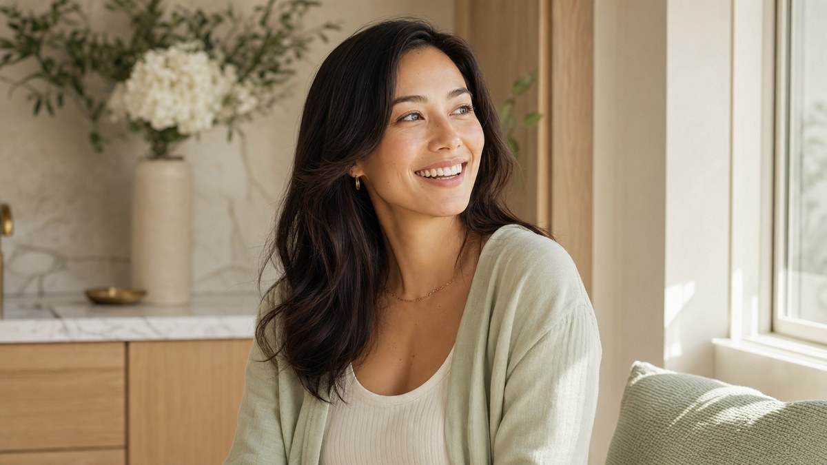 A woman checking her smile shade in a mirror while considering teeth whitening Oakland FL options.