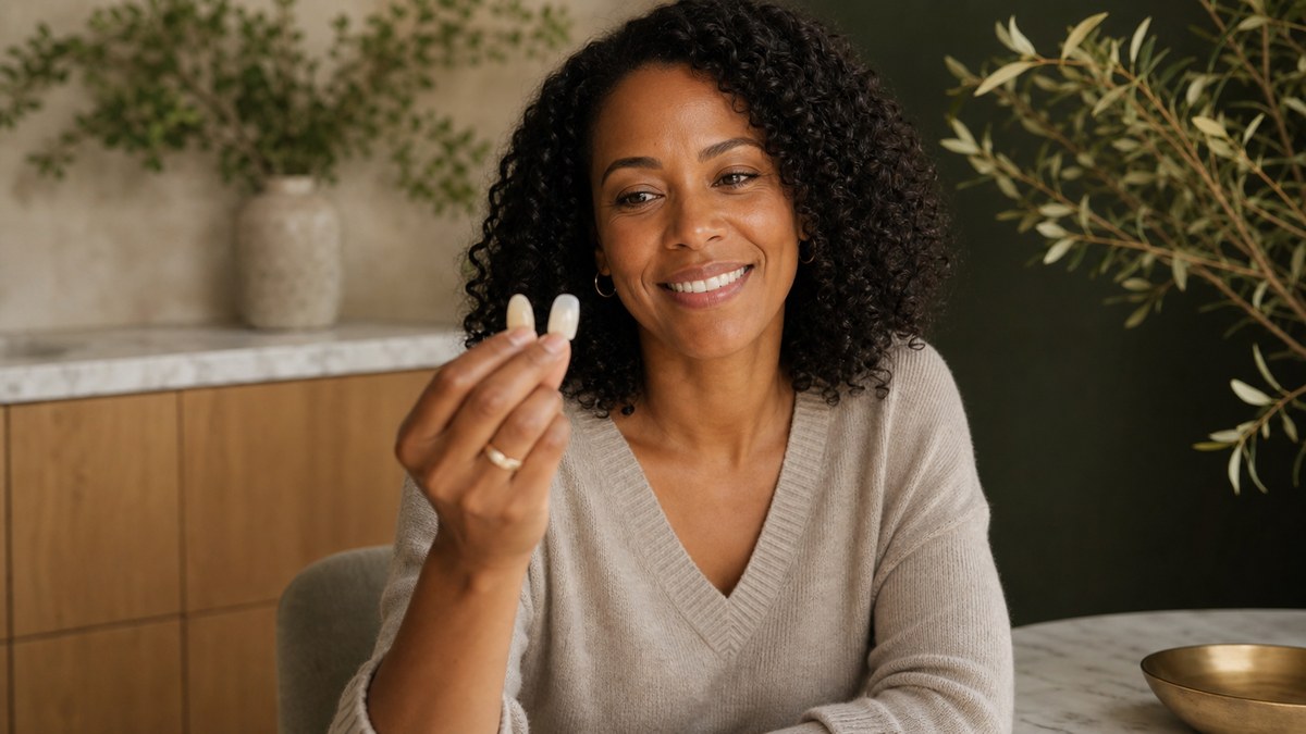 A shade guide held beside a patient's front teeth while comparing veneers vs bonding options.