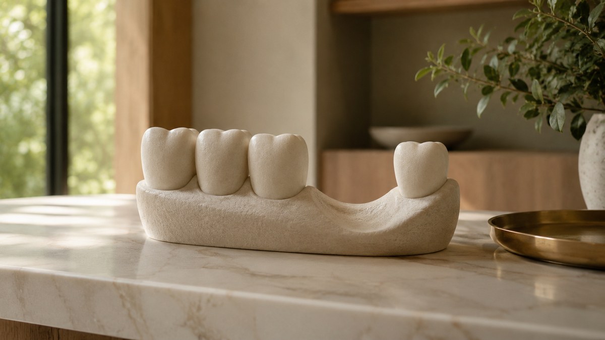 A dental model showing changes in the jawbone after tooth removal, with a visible gap and receded ridge.