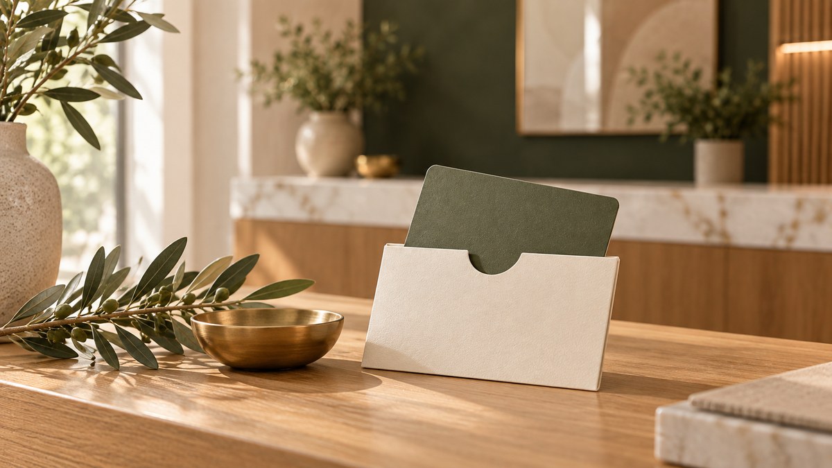 A membership card resting on a printed fee schedule at a warm wooden reception desk, illustrating how a dental savings plan works.