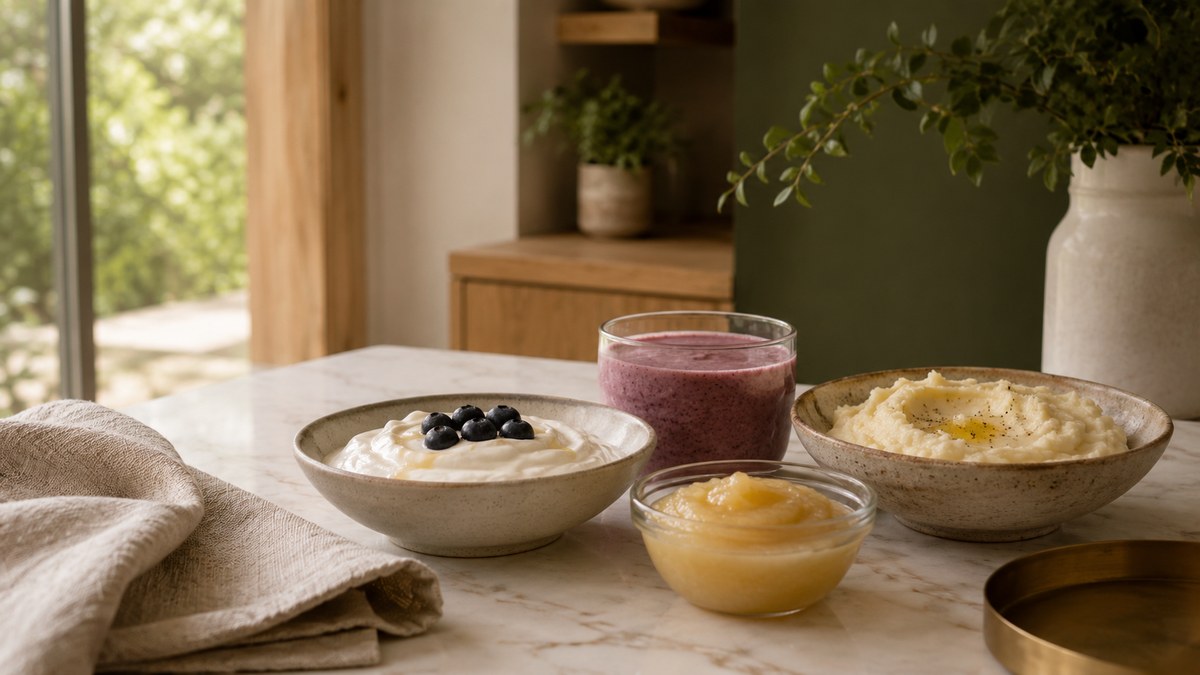 A bowl of yogurt, smoothie, and mashed potatoes showing what to eat after extraction surgery.