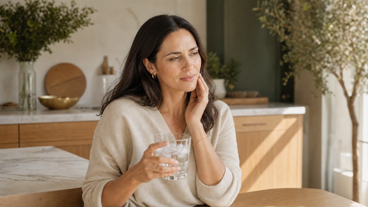 A woman wincing while sipping iced water, one of the everyday triggers behind teeth sensitivity causes.